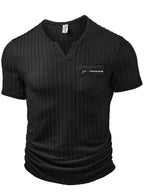 Men's Fashion Top, Spring/Summer Outdoor Casual Textured Jacquard Fabric, Solid Color Small V-Neck Pocket Patchwork Short Sleeve Men's Henley Shirt - Black