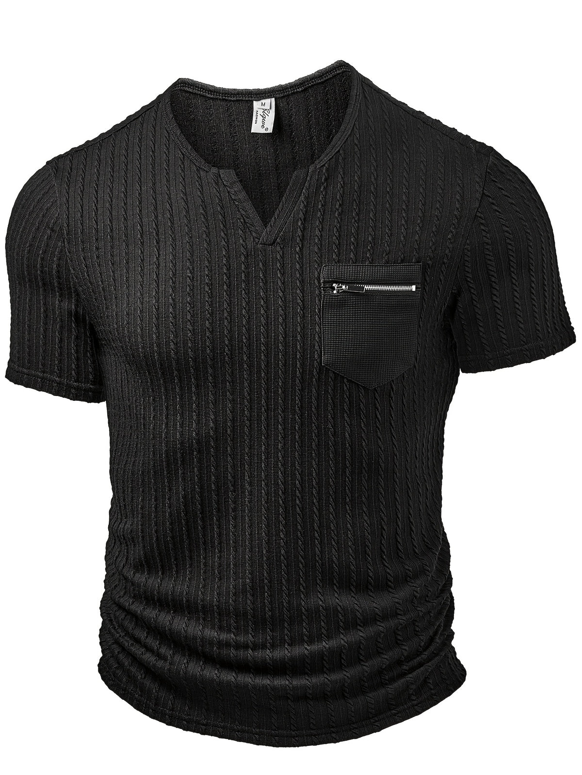 Men's Fashion Top, Spring/Summer Outdoor Casual Textured Jacquard Fabric, Solid Color Small V-Neck Pocket Patchwork Short Sleeve Men's Henley Shirt - Black