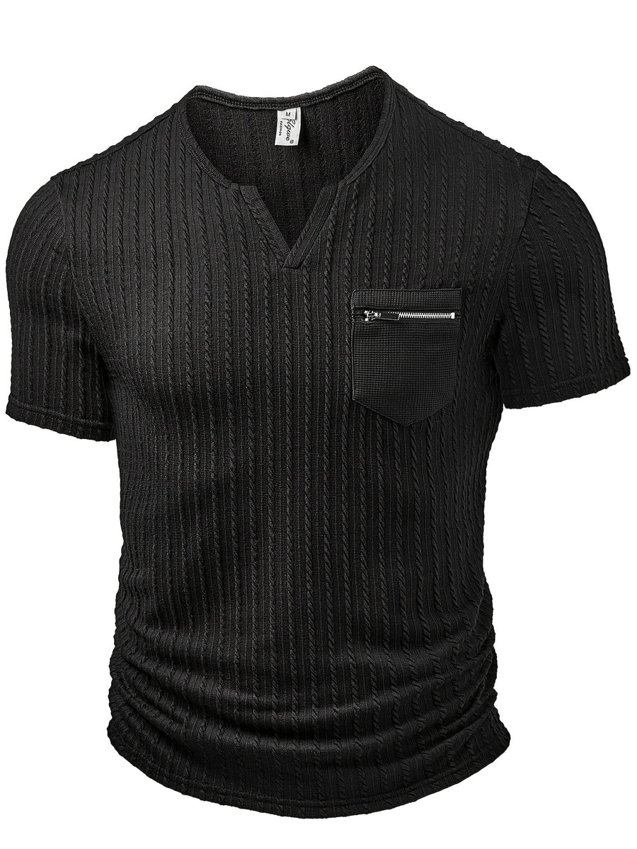 Men's Fashion Top, Spring/Summer Outdoor Casual Textured Jacquard Fabric, Solid Color Small V-Neck Pocket Patchwork Short Sleeve Men's Henley Shirt - Black