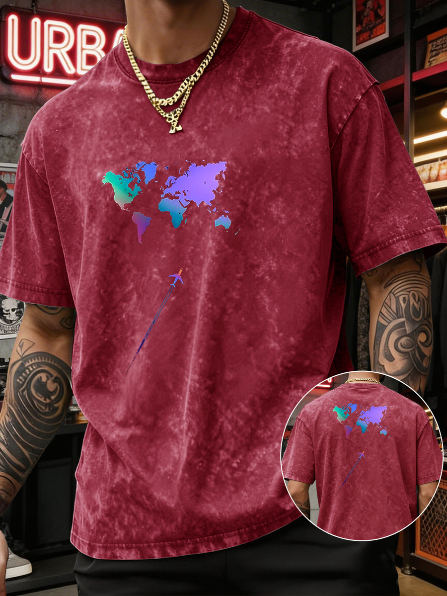 Men's Heavyweight T-Shirt Washed Distressed Gradient World Map Airplane Fashion Print Vintage Heavy Cotton Streetwear High Street Style Summer Casual Versatile Gym Fitness Daily Commute Tee 2026 Urban Fashion - Red