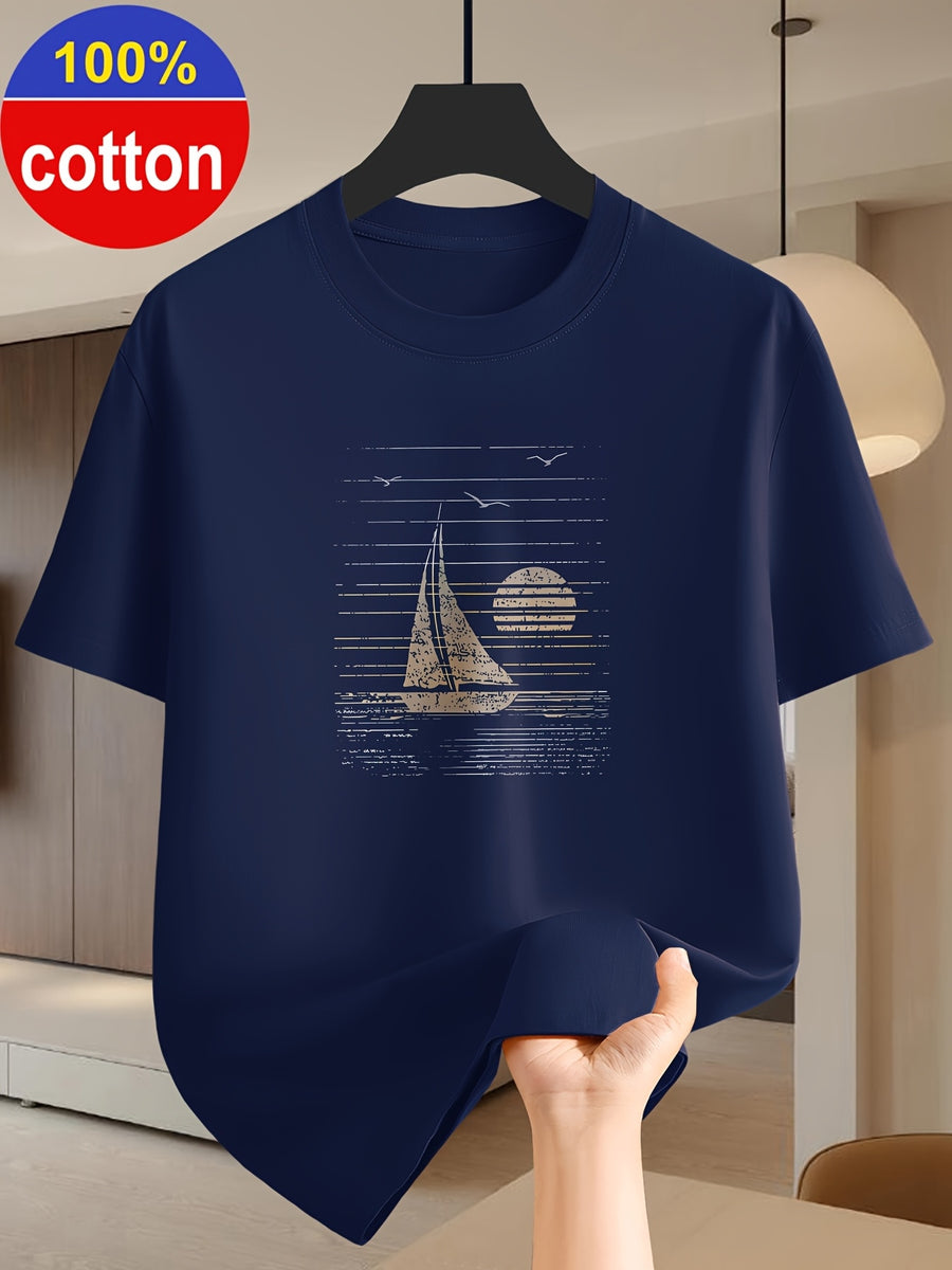 100% Cotton Men's Summer Short-sleeve T-shirt, Fashionable and Simple Patterned Top, Pure Cotton Fabric for Comfort and Breathability, Essential for Outdoor Sports, Leisure, and Travel - Navy Color