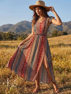 Women's Bohemian V-Neck Maxi Dress with Waist-Cinching & High Slit - Flared Beach Dress Suitable for Vacation, Wedding Guest, Resort Style, Machine Washable Non-Stretch Dress - Red