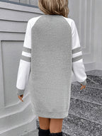 Color-block Long-sleeve T-shirt Dress with Geometric Pattern Print, Women's Loose-fit Casual Sweatshirt Dress - White & Gray