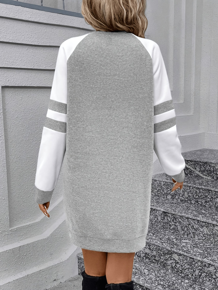 Color-block Long-sleeve T-shirt Dress with Geometric Pattern Print, Women's Loose-fit Casual Sweatshirt Dress - White & Gray