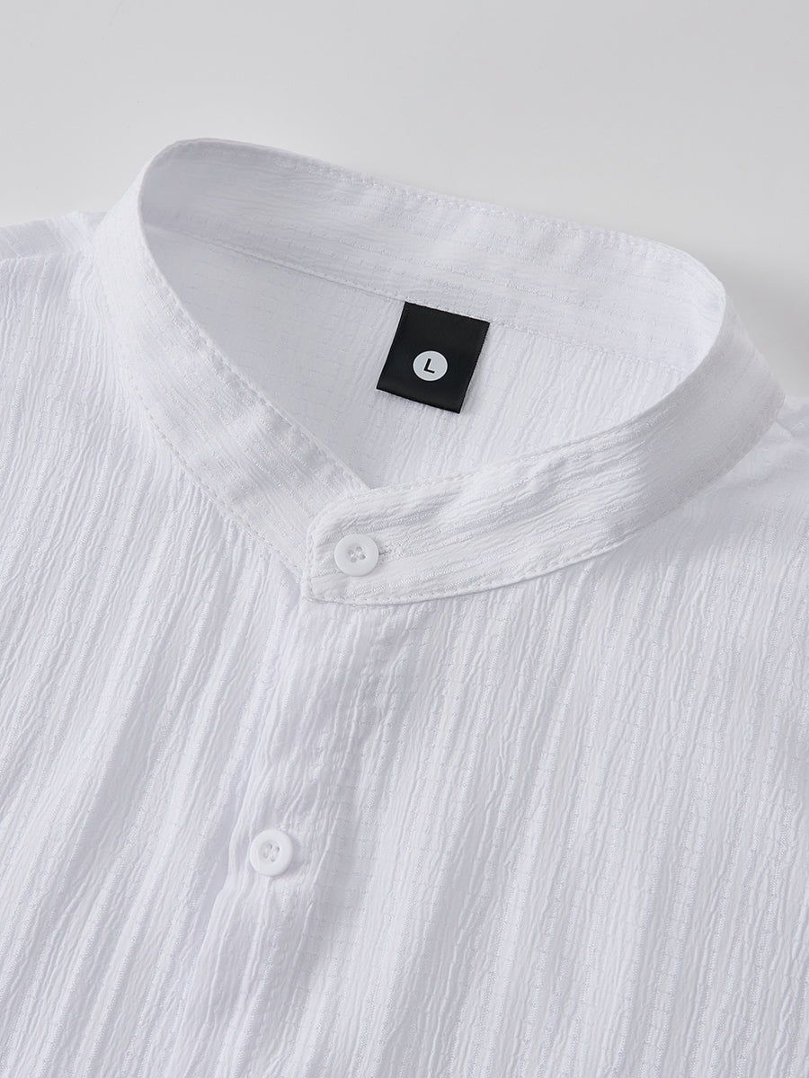 Men'S Classic Solid Color Casual Long Sleeve Button-Up Shirt - Stand Collar Design, Machine Washable, Calvin Print, & Blend - White