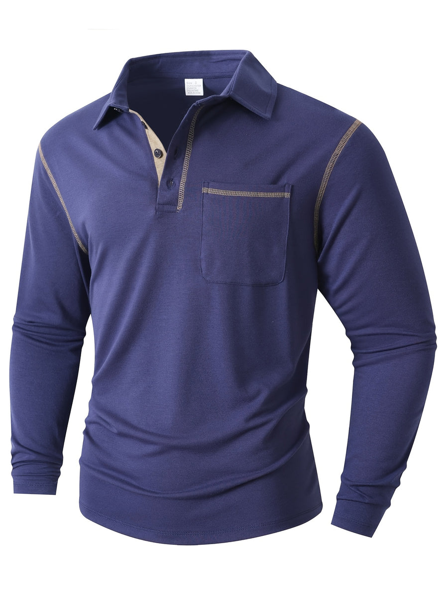 KJ-P029 Men's Long Sleeve Henley Shirt with Contrast Color Placket and Pocket Design, Stretchy, Comfortable, and Casual Polo for Daily Commuting Wear - Navy Color