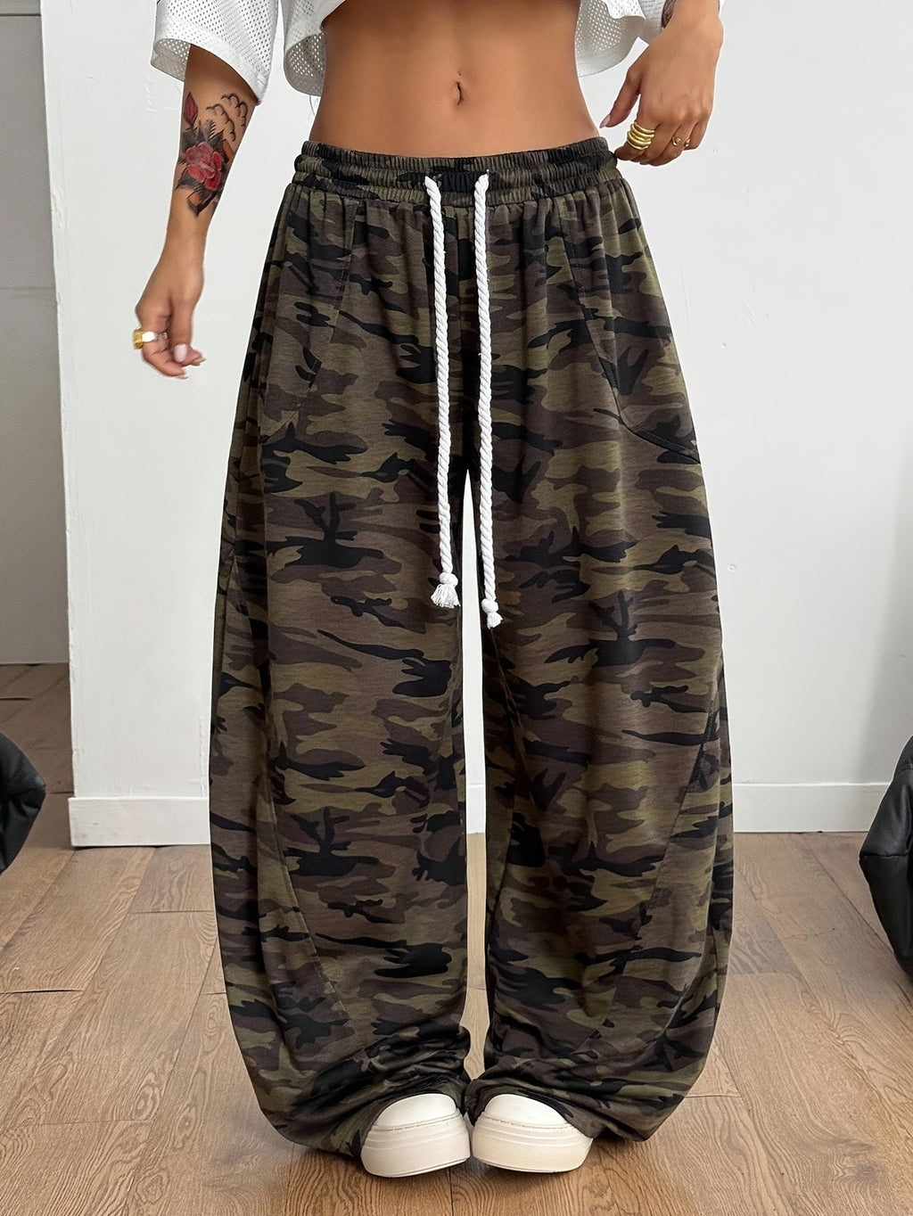 Women's Y2K Fashion Camouflage Print Elastic Waist Drawstring Loose Fit Pants, Casual Versatile Wide-Leg Y Trousers for Dating and Commuting - Mixed colors