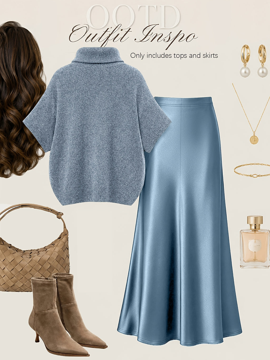 Autumn Winter Fashion Lazy Style Turtleneck Cloak Sweater And Premium Satin Fishtail Half Skirt, Temperament Elegant Commute Two-Piece Set - Light Blue