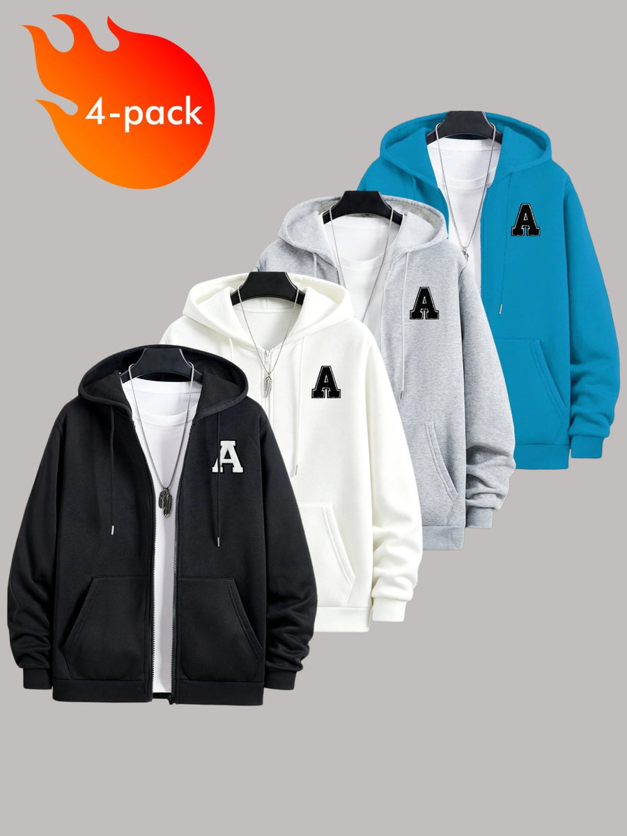 50% Cotton, 50% Polyester, 4pcs Men's Zippered Hooded -Lined Sweatshirt, Men's Apparel, Long-Sleeve Jacket, Zippered Top, Hooded Sweatshirt, Pockets, Drawstring, Suitable for Outings, Casual Wear, Back-to-School Season, Gift for Boyfriend - Black+White+Light Gray+Cyan