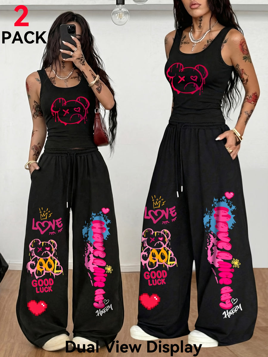 2-pack Women's Cartoon Bear Print Tank Top and Straight-Leg Pants Set, U-Neck Sleeveless Top with Heart and Letter Print + Drawstring Loose Pants, Casual Street Style Home and Sportswear Set - Black+black