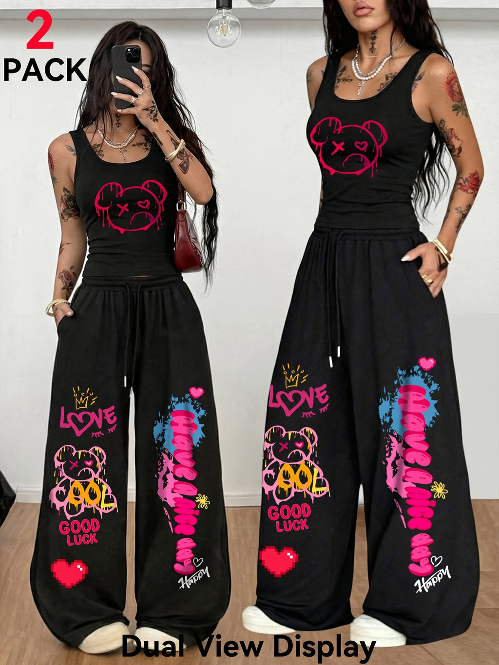 2-pack Women's Cartoon Bear Print Tank Top and Straight-Leg Pants Set, U-Neck Sleeveless Top with Heart and Letter Print + Drawstring Loose Pants, Casual Street Style Home and Sportswear Set - Black+black