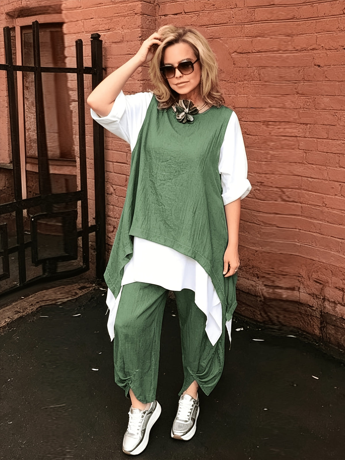 Plus Size, Plus Size Ethnic 2pcs Outfit, Color Block Spliced Mid-length Top + Pleated Cuff Harem Pants, Breathable Imitation Casual Set - Green
