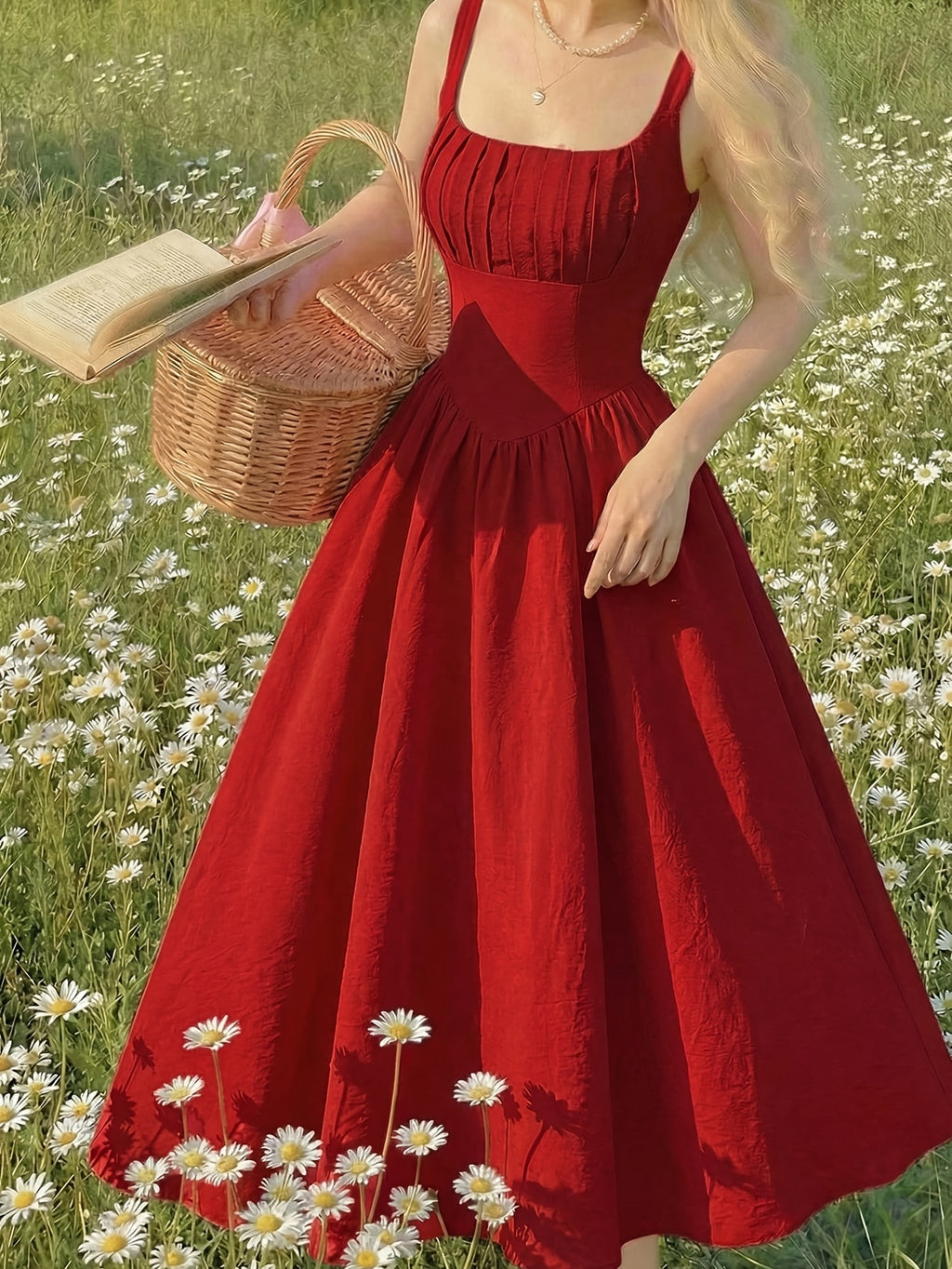 Solid Color Dress Mid-Length Pleated Design Waist-Cinching Sleeveless Backless Adjustable Straps Suitable for Vacation Parties Beach Outings Banquets Ceremonies Graduation Season Choir Wedding Women'S Bridesmaid Dress - Red