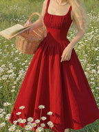 Solid Color Dress Mid-Length Pleated Design Waist-Cinching Sleeveless Backless Adjustable Straps Suitable for Vacation Parties Beach Outings Banquets Ceremonies Graduation Season Choir Wedding Women'S Bridesmaid Dress - Red
