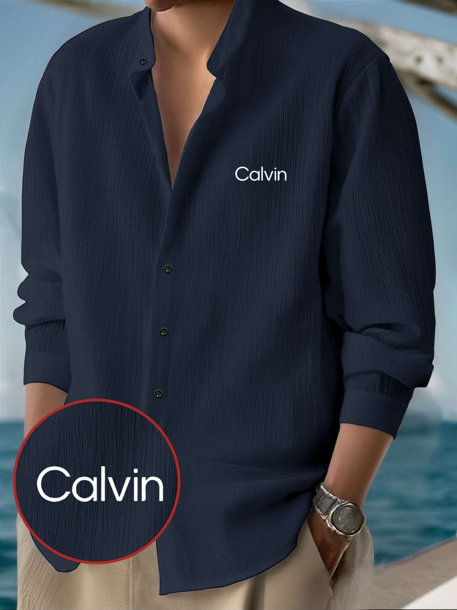 Men'S Classic Solid Color Casual Long-Sleeve Button-Up Shirt with a Stand Collar Design, Machine Washable, Featuring Calvin Letter Print, Suitable for All Seasons, Perfect for Outings, The Beach, And Everyday Wear, with a Loose Fit - Navy Color
