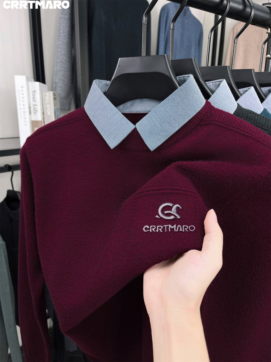Katemar CRRTMARO Autumn/Winter Knitted Three-Dimensional Solid Color Lapel Sweater Basic Pullover Knitwear Men's Fashion Knitwear Short Sleeve JAE - Burgundy