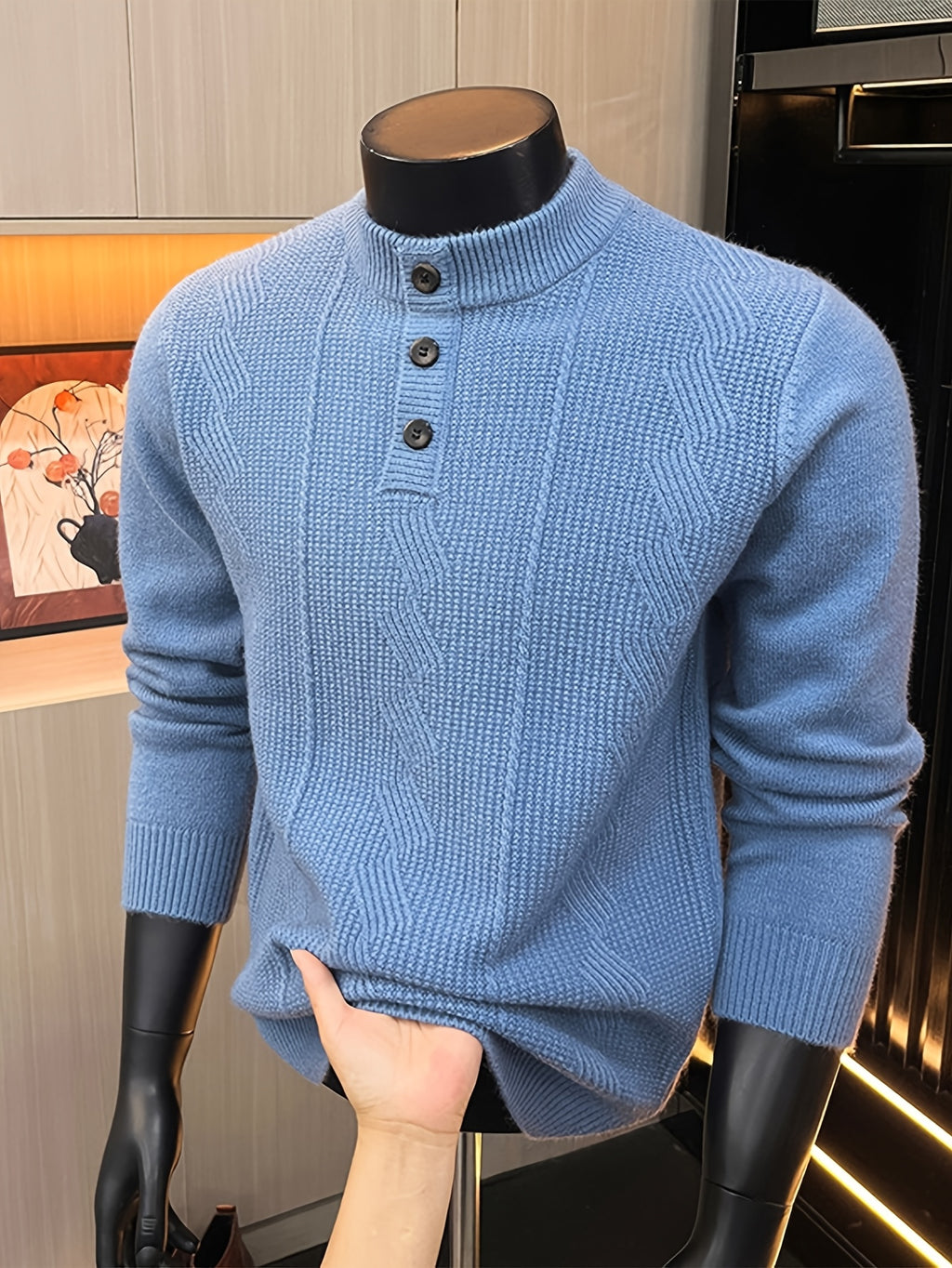 Spring And Autumn Men'S Half-Button Henley Collar Knit Sweater 3D Jacquard Texture Warm Easy And Atmospheric Middle-Aged Men'S Commuter Pullover - Blue