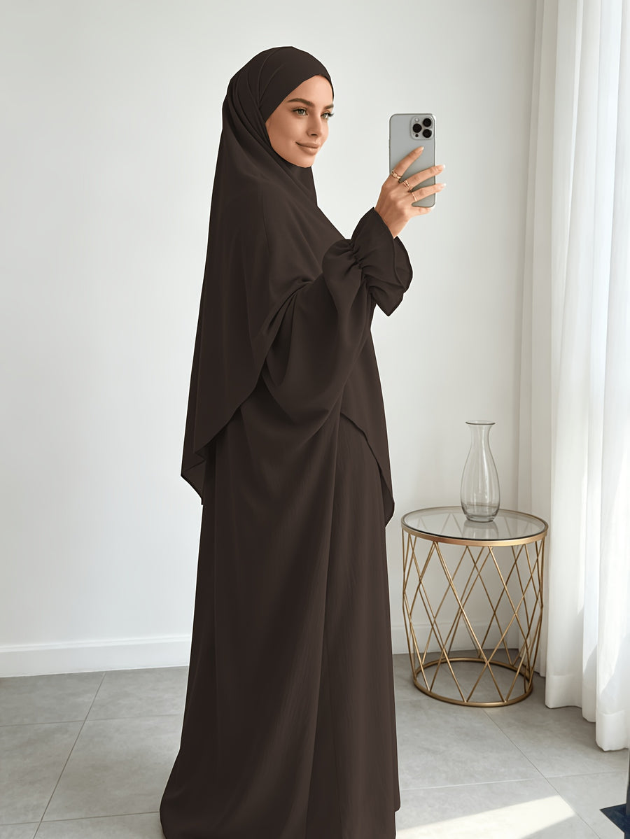 A Khimar + Abaya Prayer Jilbab Suit, a Fashionable and Elegant Vacation Set Featuring a Pure-color, Simple Single-layer Headscarf and a Light, Breathable, Comfortable Horn-sleeve Loose Dress. This Women's Abaya Combination Set Is Ideal for Muslim - Coffee Color