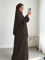 A Khimar + Abaya Prayer Jilbab Suit, a Fashionable and Elegant Vacation Set Featuring a Pure-color, Simple Single-layer Headscarf and a Light, Breathable, Comfortable Horn-sleeve Loose Dress. This Women's Abaya Combination Set Is Ideal for Muslim - Coffee Color