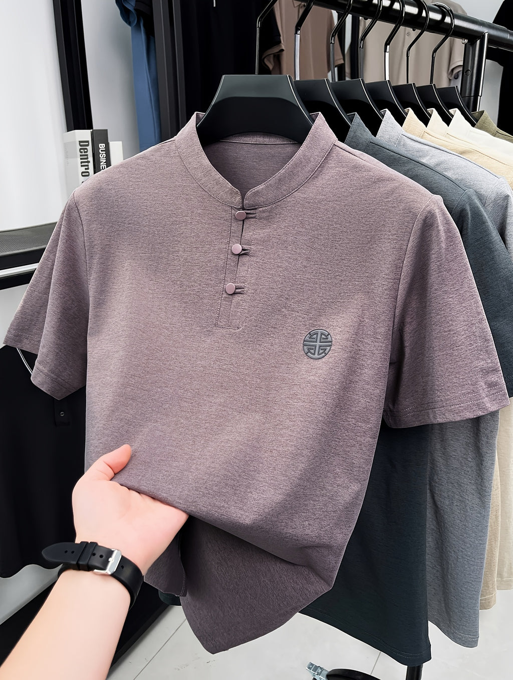 Men's Chinese Mandarin Button-Up Stand Collar T-Shirt - Breathable Loose Fit Short Sleeve Round Neck Top with Mandarin Collar, Suitable for Casual Wear, Traditional Chinese Style Button Collar Shirt - gray pink