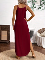 Spring/Summer New Arrival: European and American Fashion Trend Women's Solid Color Notched V-Neck Camisole Dress for Vacation and Leisure - Burgundy