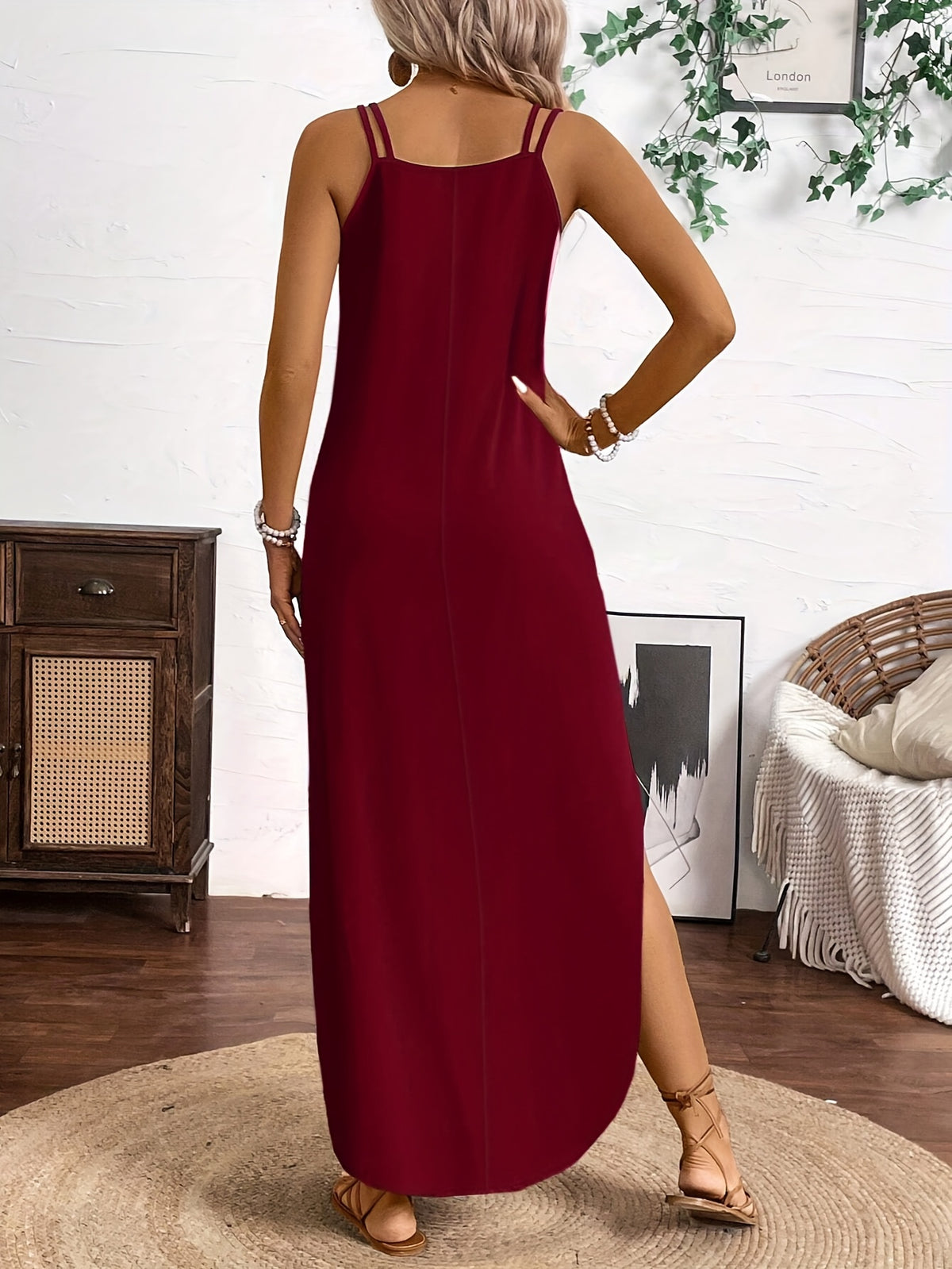 Spring/Summer New Arrival: European and American Fashion Trend Women's Solid Color Notched V-Neck Camisole Dress for Vacation and Leisure - Burgundy