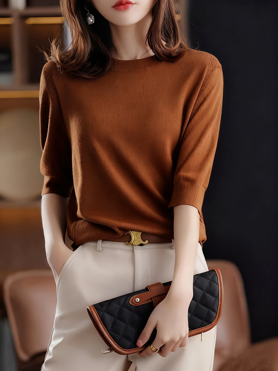 Women's Fine-Spun Round Neck Mid-Sleeve Top, New Spring/Autumn Vintage Elegant Top, Five-Part Sleeve Base Layer Shirt - Coffee Color