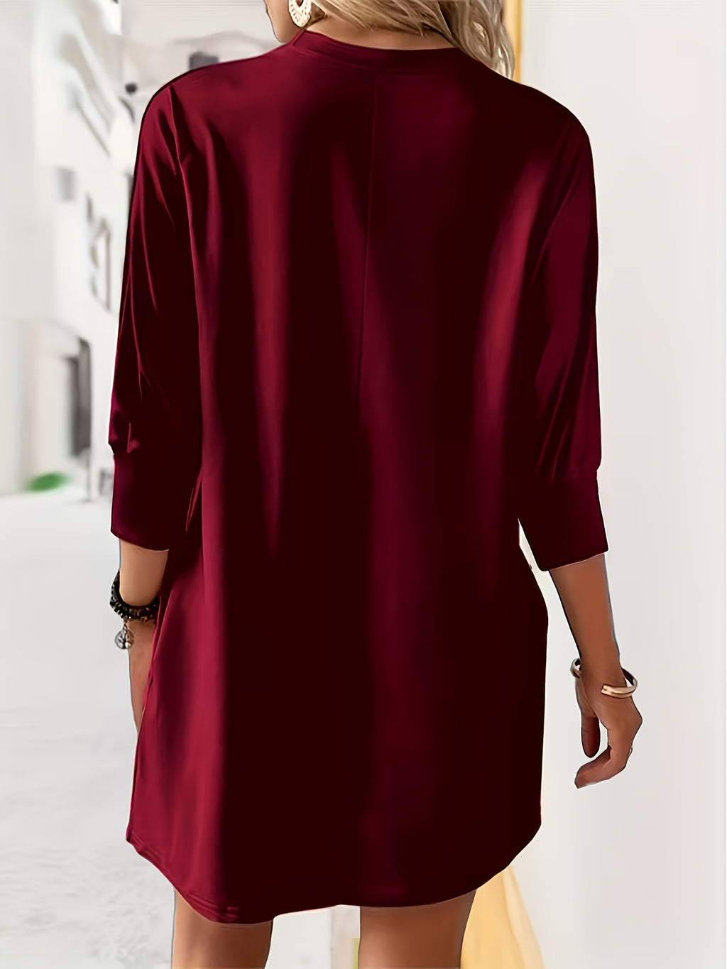 Women's Short Loose Autumn Winter Dress, Urban Fashion, Elegant Commute - Burgundy