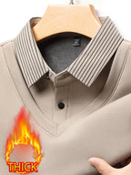 Autumn/Winter Men's 2-in-1 Look Shirt Collar Top with Striped Sleeves, Thick and Warm, Well-Fitted Cut, Versatile Pullover for Commuting - Khaki 1
