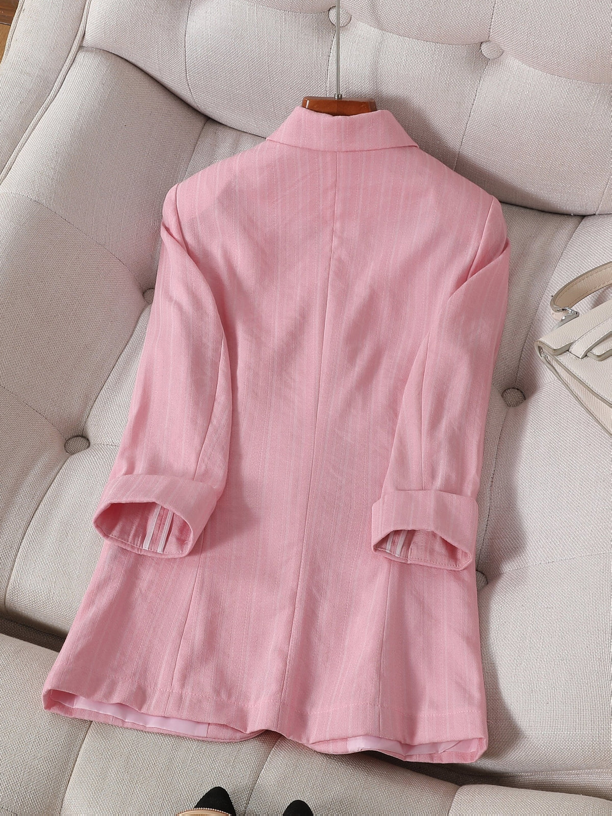 Women'S Fashion Pin Stripe Blazer, Trendy And Versatile, Vibrant Pink Women'S Suit Jacket, Suitable for Various Occasions And Gatherings, Workplace - Pink