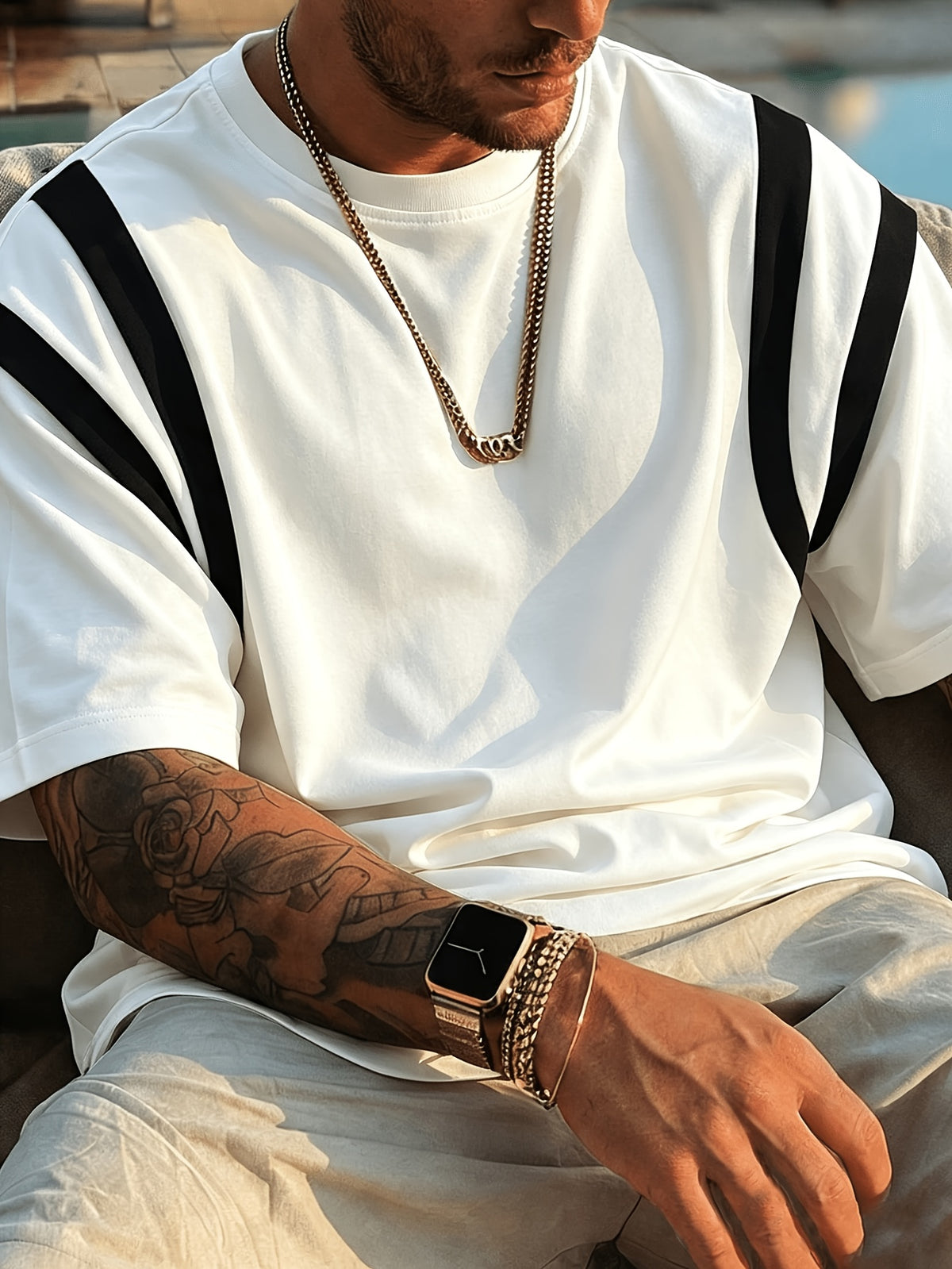 Men'S White And Black Color-Block Round Neck Short Sleeve T-Shirt, Men'S Summer Easy Casual Top, Daily Commute Outdoor Leisure Wear, Men'S T-Shirt - White