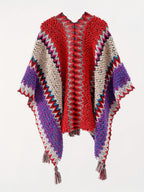 Tassel Striped Hollow-Out Airplane Blanket Cape Unisex Travel Coat - Red