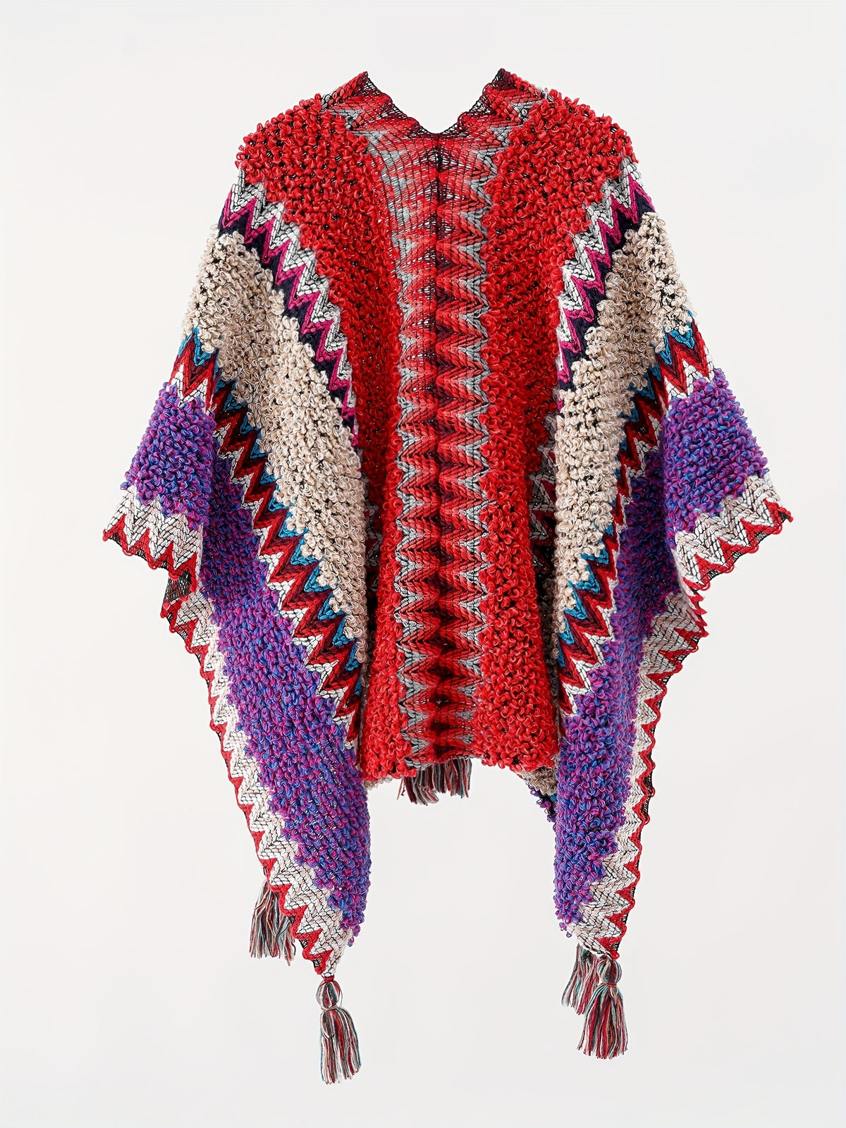 Tassel Striped Hollow-Out Airplane Blanket Cape Unisex Travel Coat - Red