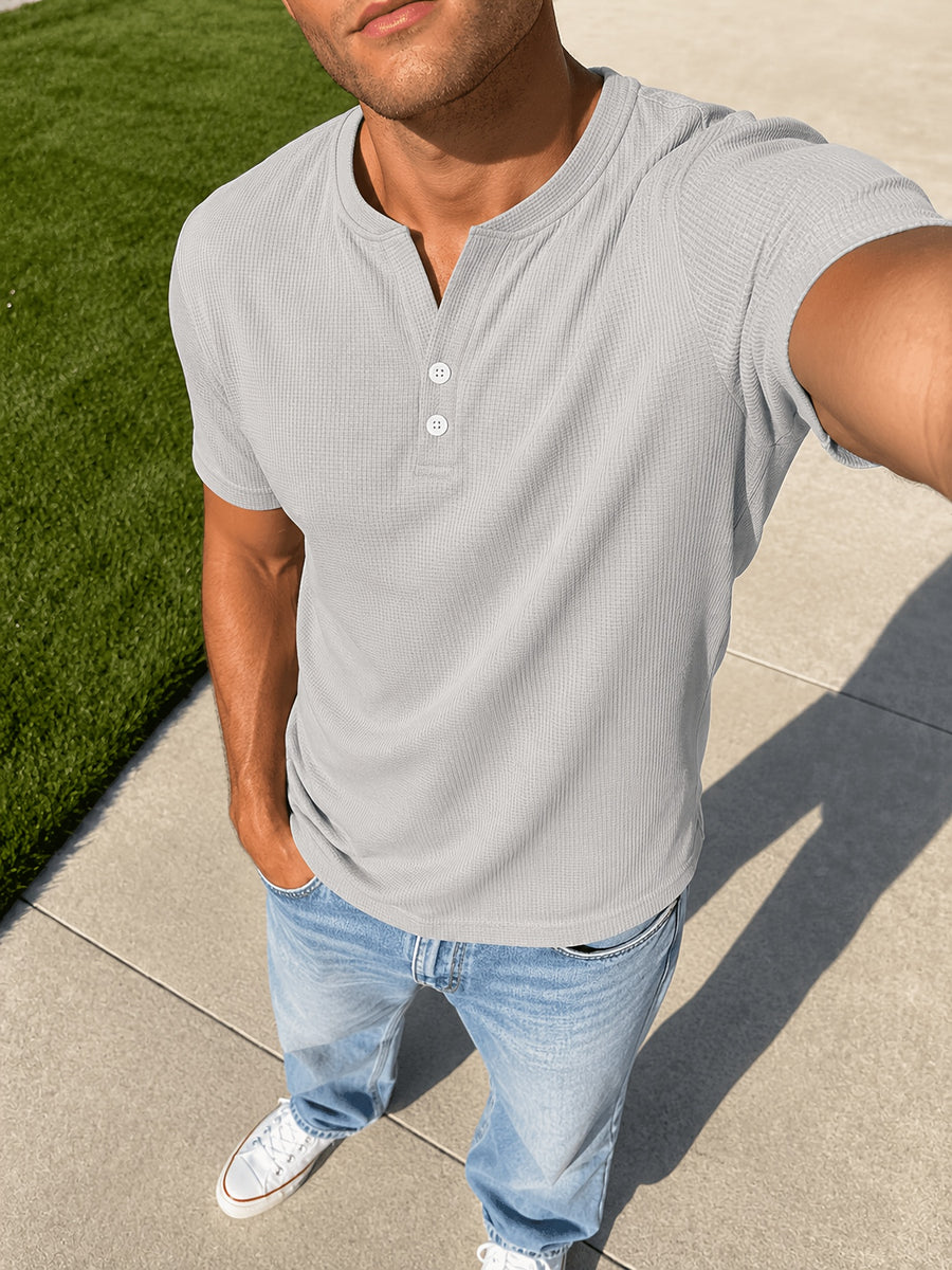 [Josh Mei Obm] 3pcs Men'S Waffle Henley Shirts Lightweight Breathable Button Neck Slim Fit Summer Tops for Beach Vacation Outdoor Casual Wear - White+Grey+Blue