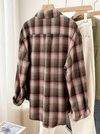 Women'S Shirt Multicolor Brushed Checkered Shirt Loose Top - Peach