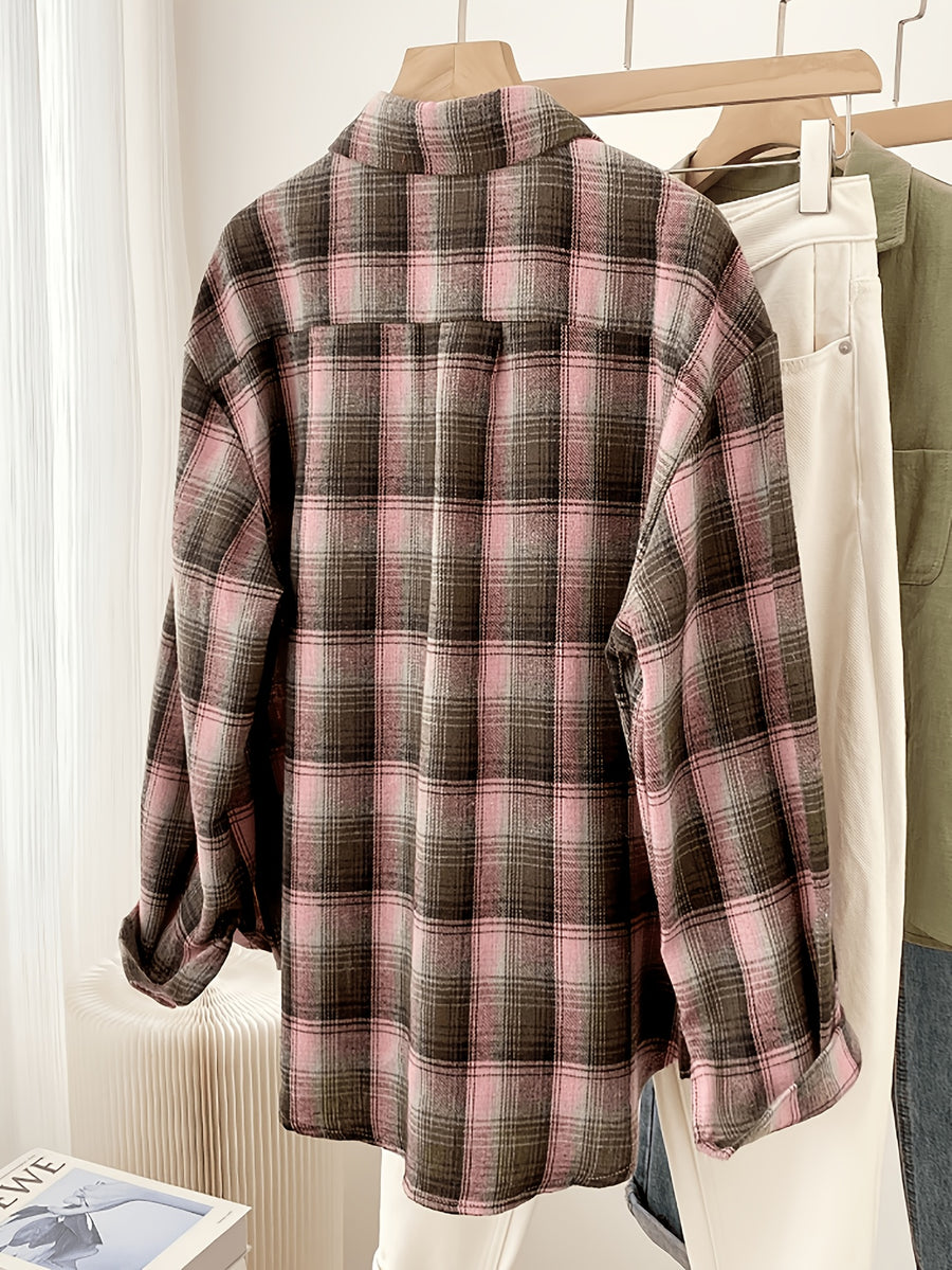 Women'S Shirt Multicolor Brushed Checkered Shirt Loose Top - Peach