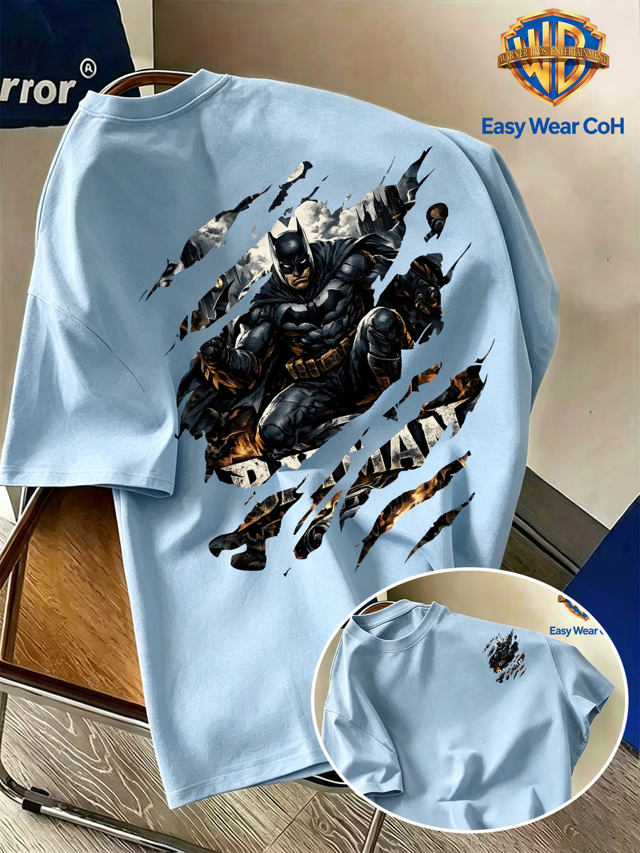 Warner Authorized New Men'S Casual Round Neck Short Sleeve T-Shirt, Front And Back Ripped Claw Mark Effect Batman Creative Pattern Print, Trendy Cool Individual Men'S Top, Niche Print Non-Collision Style, Soft Skin-Friendly Breathable Fabric - Light Blue