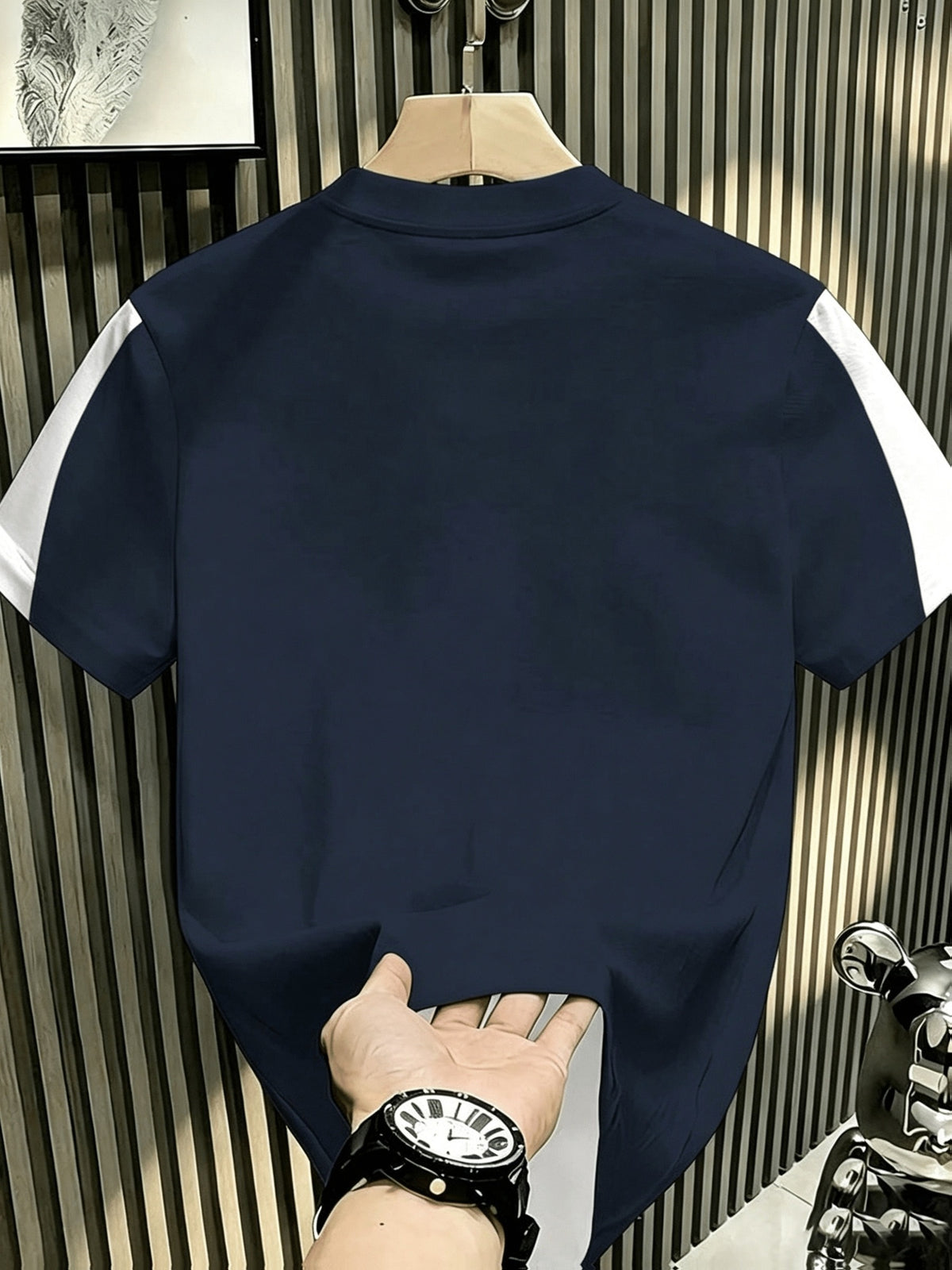 [Print Design - Non-Textured] Men'S Letter Print Color-Block Short Sleeve Casual T-Shirt, Breathable Quick-Dry Cool Top, All-Season Fashion Shirt, Regular Fit Round Neck Casual Wear for Daily And Formal Occasions - Comfortable Top - Navy Color