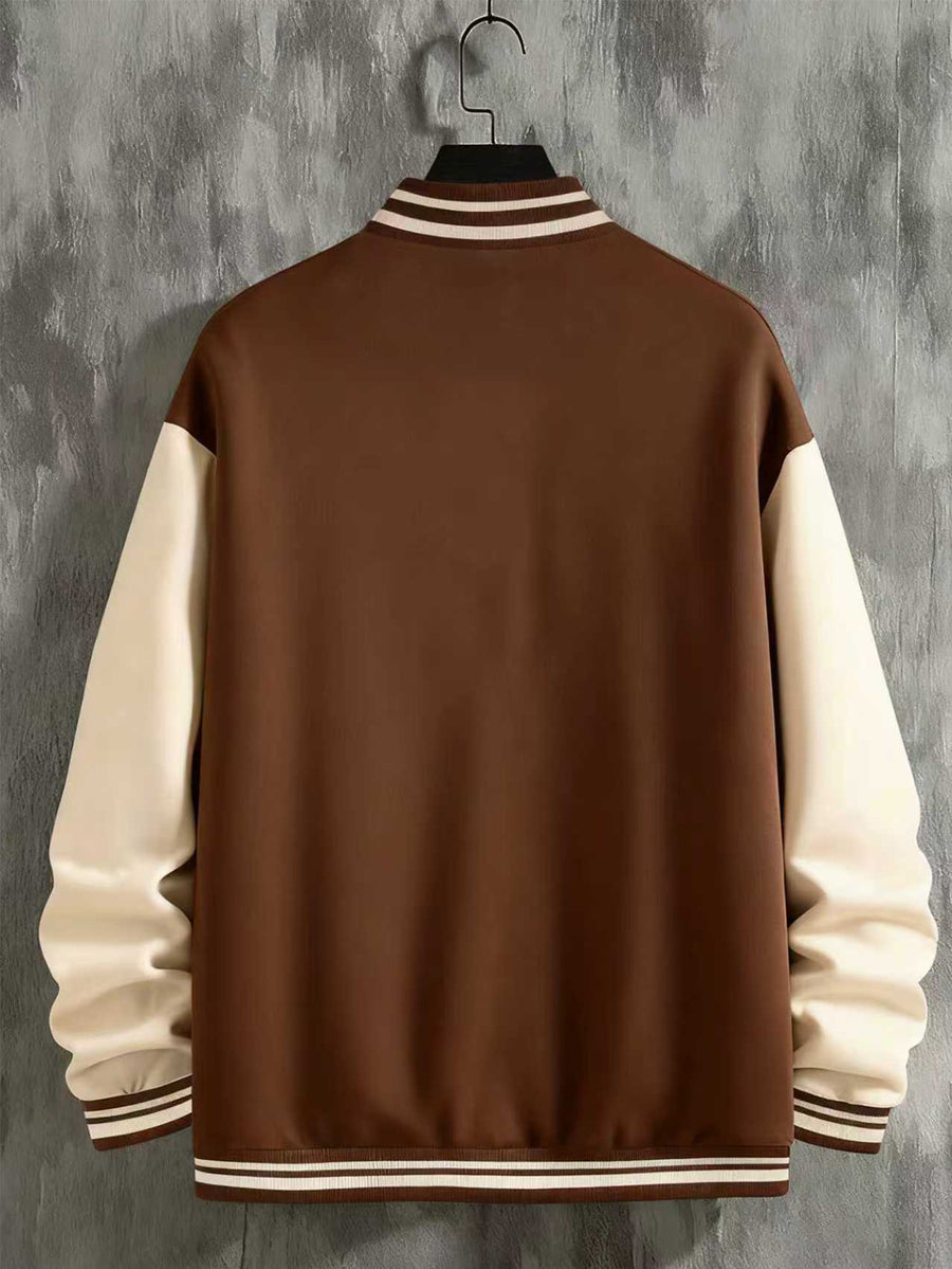 Men's Essential New Baseball Jacket: Color-Block Varsity Style New York Los Angeles Series Printed Jacket - Polyester, Baseball Collar, Pockets - 8 Colors Available for All Seasons, Versatile Fashion for Parties, Outings, and Outdoor Sports - Coffee Brown