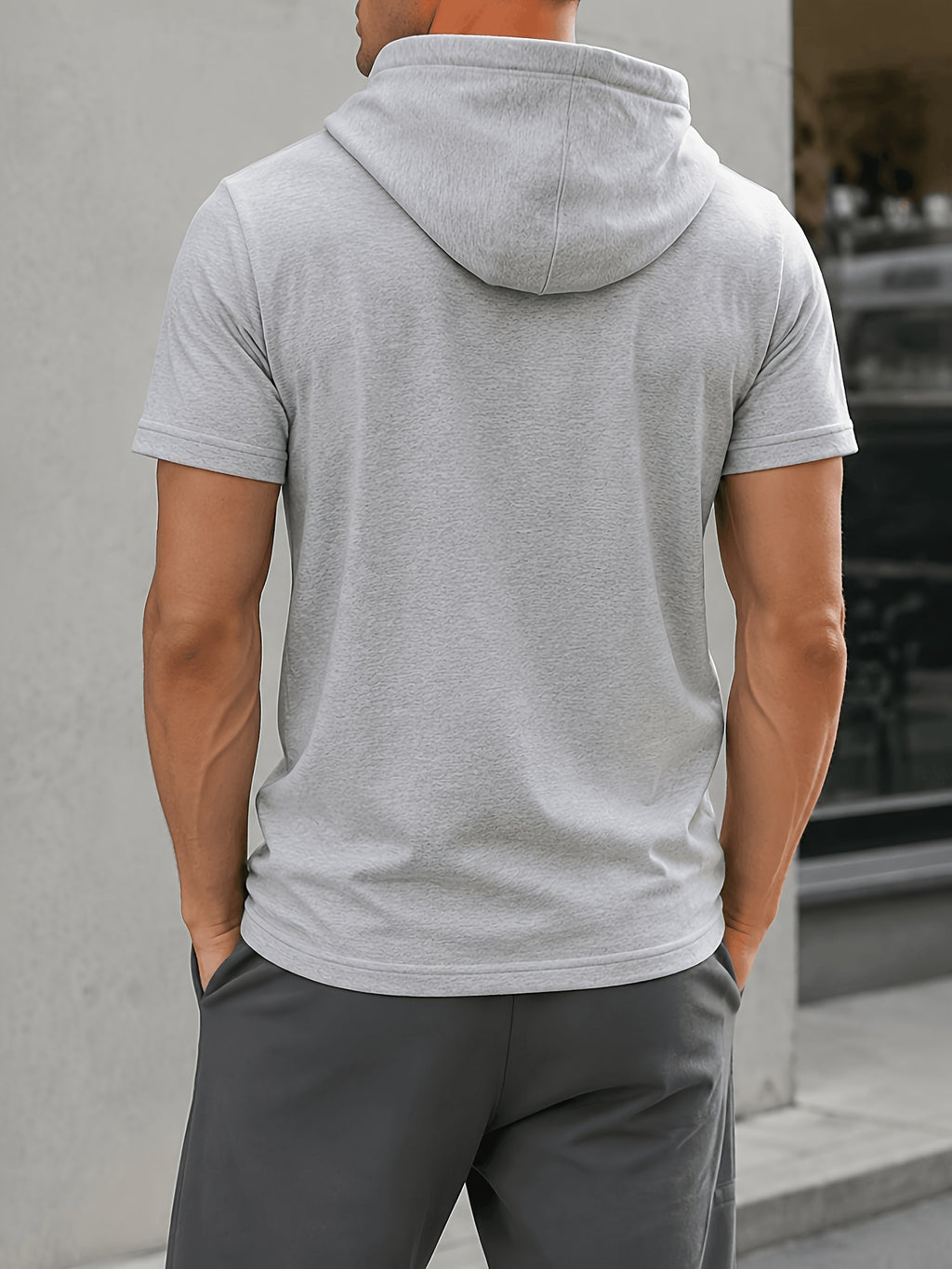 Men's Lightweight Breathable Short-Sleeve Hooded Sweatshirt - Solid Color Loose Fit Hoodie Suitable for Gym, Running, Outdoor Commuting | Machine Washable Pullover Hooded T-Shirt for Youth &, Basic Versatile Casual Wear - Grey