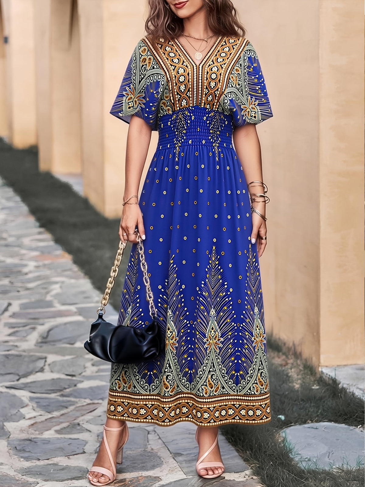 Summer Bohemian Women's Dress, Thin Beach Vacation Dress, 4 Colors Available, High Waist V-Neck Maxi Dress with Batwing Sleeves - Loose, Comfortable, and Breathable - Blue