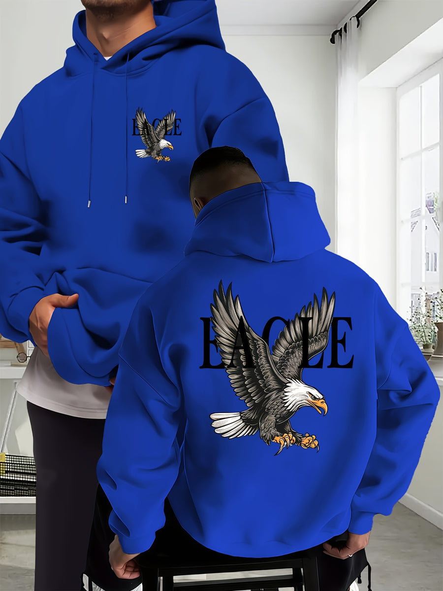 Eagle Men'S New Trendy Autumn And Winter Hoodie, Casual Everyday Drawstring Sweatshirt with Creative Design Print, Featuring a Front Kangaroo Pocket, Unisex Top - Blue
