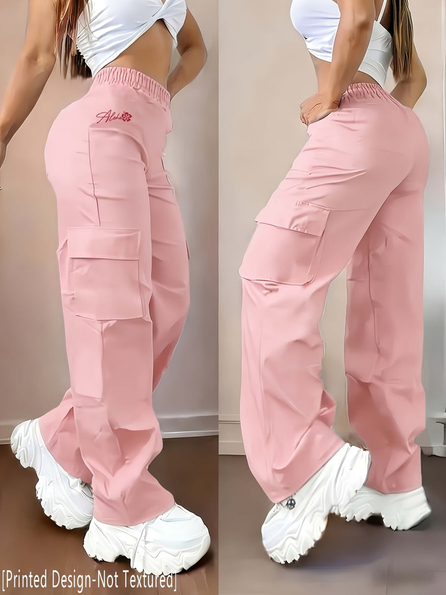 D355- Women'S Casual Pants, Creative Design Floral Print, Fashionable Cargo Pants-Why1526 - pink