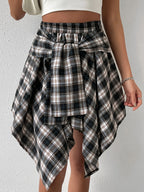 Checkered Print Casual High-Waisted Asymmetrical Hem Skirt - Grey
