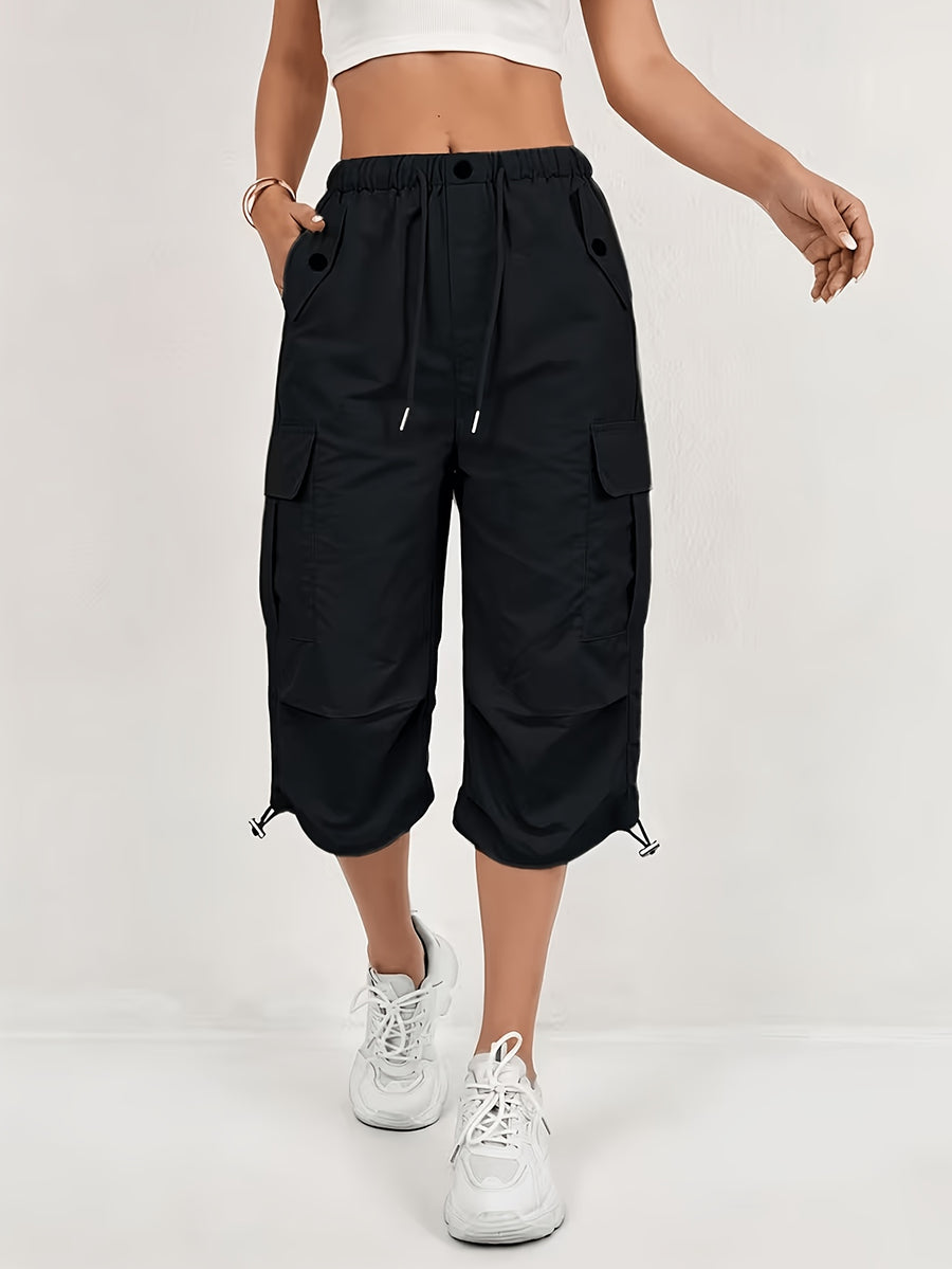 Women'S Quick-Dry Cargo Capri Pants with Elastic Waist And Drawstring - Lightweight Stretch Suitable for Outdoor Pants, Multi-Trousers, Machine Washable Loose-Fit Mid-Length for Travel, Casual Attire - Black