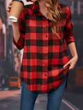 Red Checkered Print Front-Button Women'S Shirt, Loose Casual Long Sleeve Top And Jacket - Red