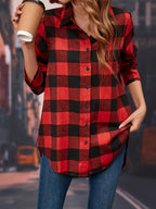 Red Checkered Print Front-Button Women'S Shirt, Loose Casual Long Sleeve Top And Jacket - Red