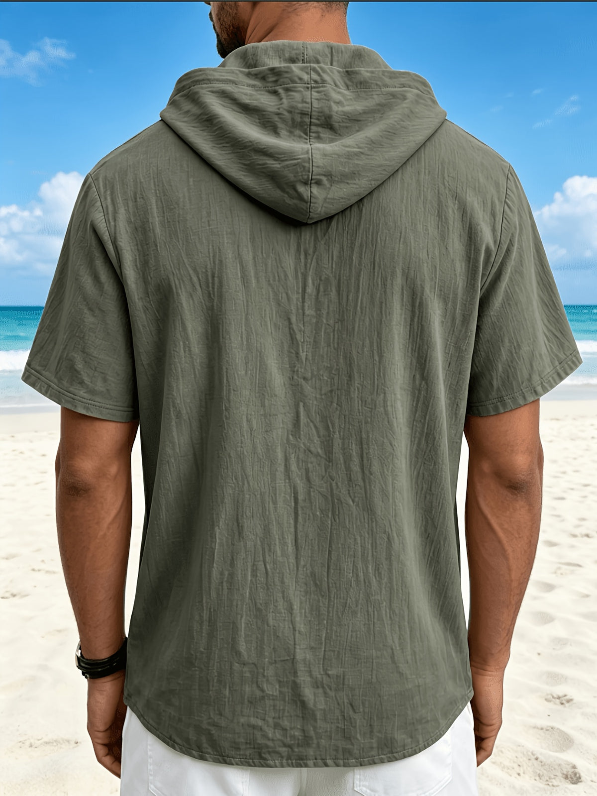 Men'S Linen Hooded Short Sleeve T-Shirt, Lightweight Breathable Ice Cool Half-Zip Design, Casual Solid Color Loose Top, Summer New Multicolor Optional, Versatile Hoodie - fern green