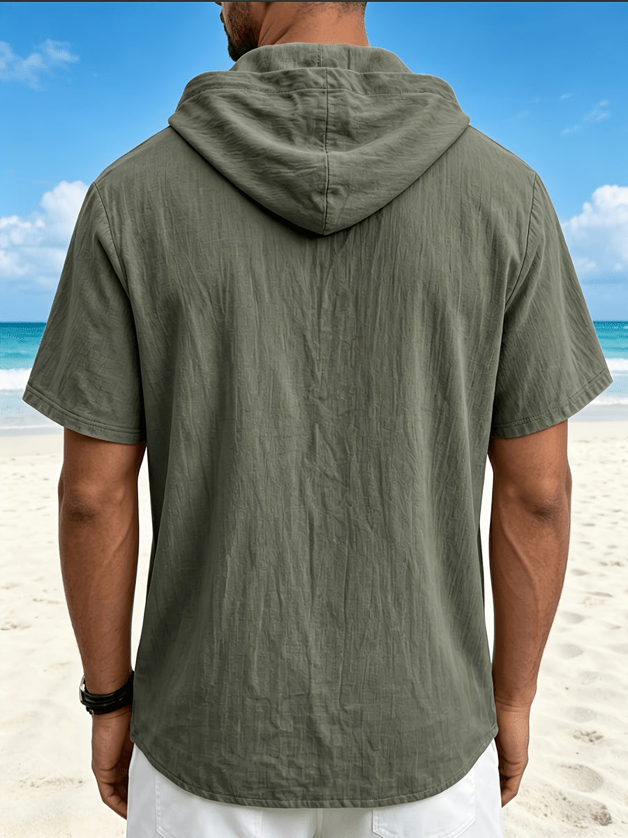 Men'S Linen Hooded Short Sleeve T-Shirt, Lightweight Breathable Ice Cool Half-Zip Design, Casual Solid Color Loose Top, Summer New Multicolor Optional, Versatile Hoodie - fern green