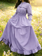Spring Summer Court Style Olive Green Stand-Up Collar Dress, Wood Ear Trim Puff Sleeve Cable Waist, Vintage Elegant Flared Long Skirt Women'S 3A11378-1 - Violet